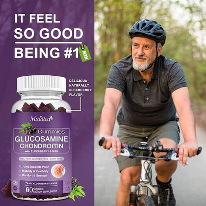 Mulittea Glucosamine Chondroitin Gummies - Extra Strength Joint Support Supplement with MSM & Elderberry for Natural Joint, Antioxidant Immune Support for Adults, Men & Women-(2 Pack)