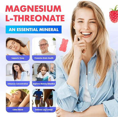 1000mg Magnesium L-Threonate Gummies for Kids & Adults - Muscle & Nervous System Support, Vegan, Sugar-Free Raspberry Flavor, 120 Gummies