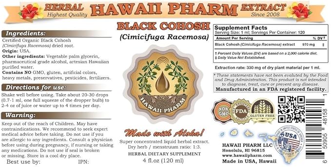 Hawaii Pharm Black Cohosh Liquid Extract, Black Cohosh (Cimicifuga Racemosa) Tincture Supplement 4 oz