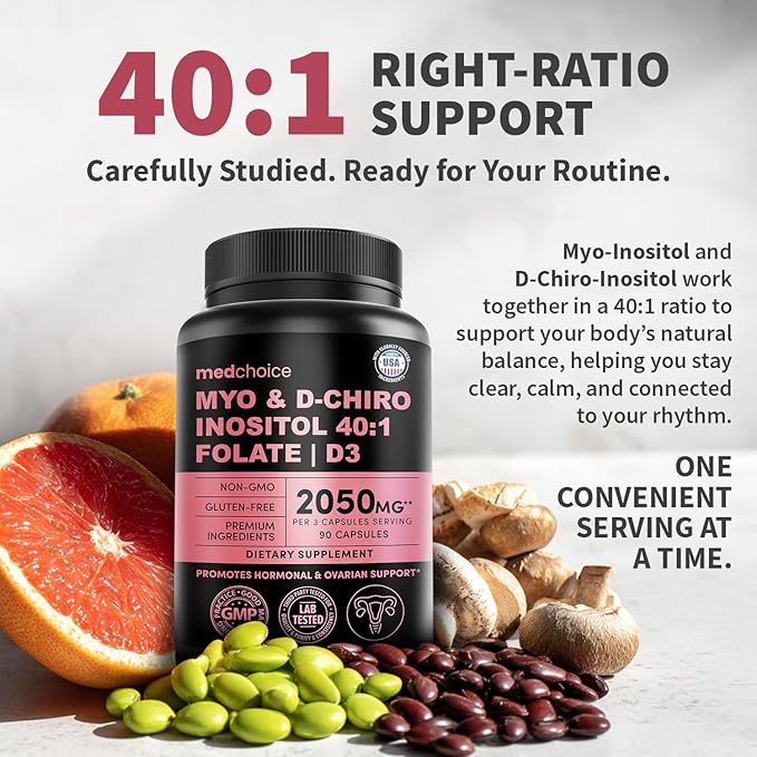 Myo-Inositol 40:1 for Women – Inositol Supplement with Myo & D-Chiro Inositol, Folate & Vitamin D3 – Vegan Capsules for Daily Routine & Hormone Support – Flo Ovarian Support Capsules – (90 Count)