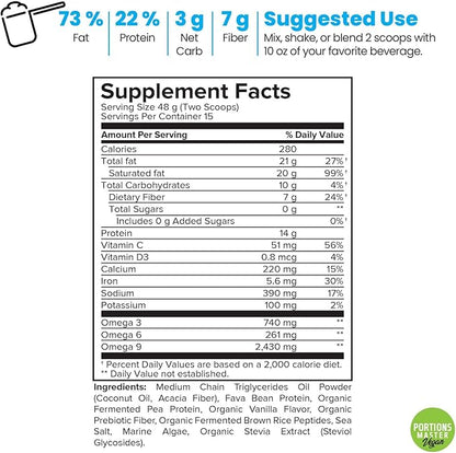 Portions Master Keto Body Protein Peptides Low Carb Keto Protein Powder with MCT Oil Peptides Fiber Vitamins Minerals (720g, Vanilla Cream)