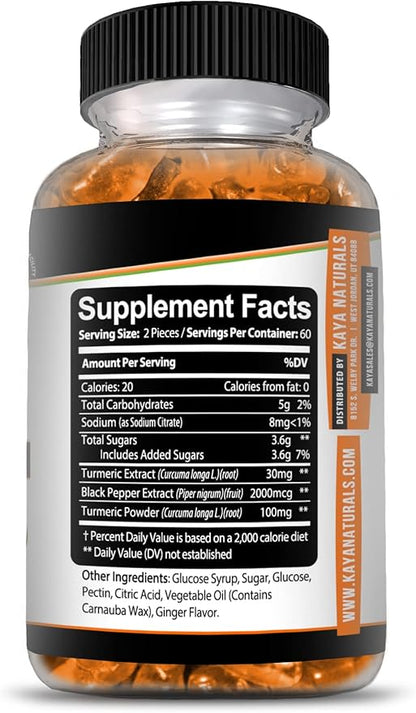 Kaya Naturals Turmeric Supplements Gummies - Pure Nature Turmeric Curcumin - Ginger Gummies - Black Pepper Extract - 120 Count