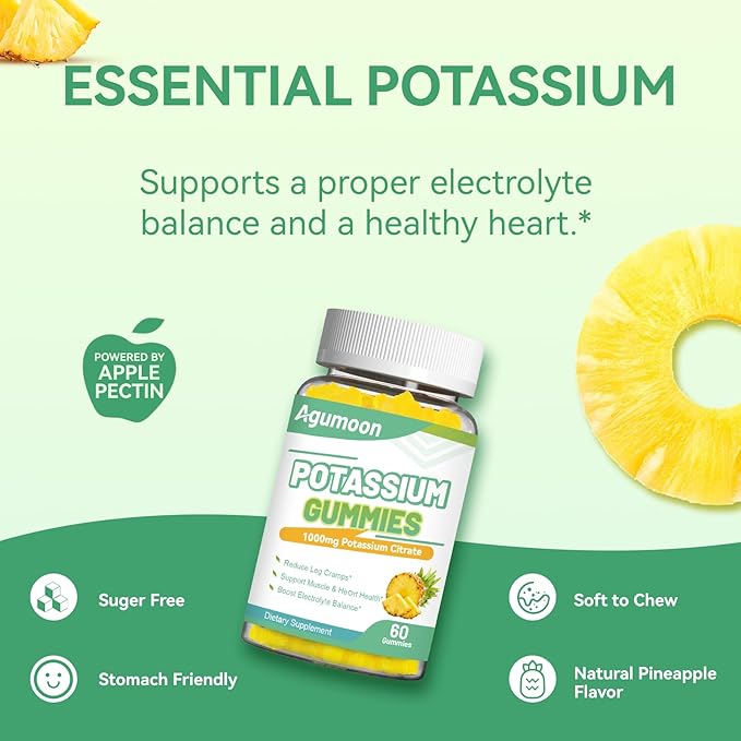Potassium Gummies 1000mg, Potassium Citrate Gummies for Adults Women & Men, Chewable Potassium Supplement Support Leg Cramps & Muscle Health - Sugar Free, Vegan,120 Count