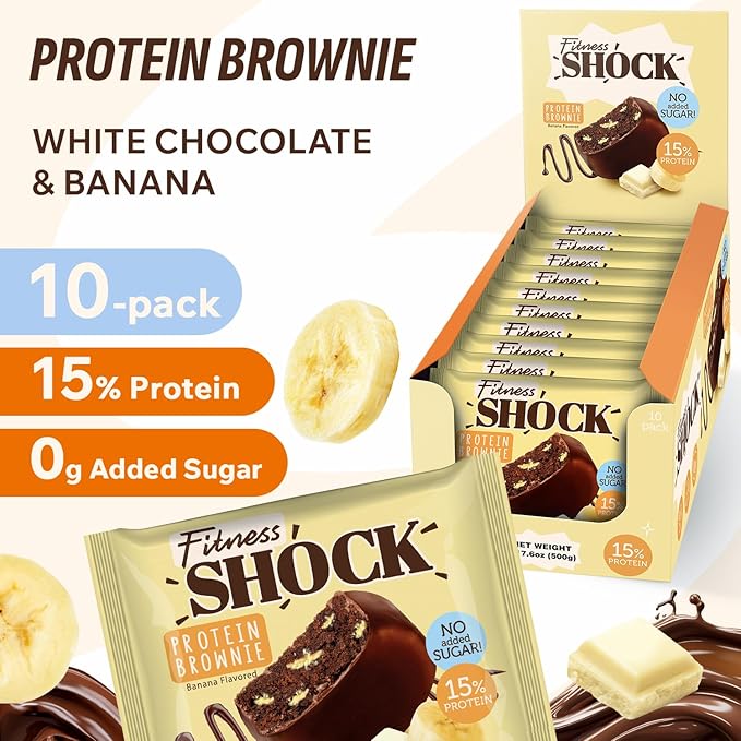Fitness SHOCK Banana Protein Brownie - No Added Sugar, 7.5g Protein, Low Carb Guilt-Free Dessert - 0g Added Sugar, 10g Net Carbs, 5g Fiber, Non-GMO, Almond Flour - 10 x 50g