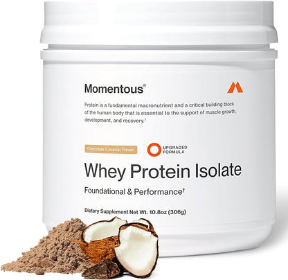 Momentous Essential Grass-Fed Whey Protein Powder - 20 g Whey Isolate Protein - NSF Certified for Sport - Gluten-Free - 12 Servings for Essential Everyday Use - Chocolate Coconut - Package May Vary