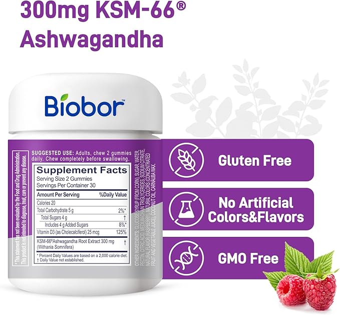 Biobor (2 Packs) Ashwagandha Gummies, KSM-66 Ashwagandha Root Extract with Vitamin D3, Relaxation Support & Immune Support for Adults - GMO Free, Gluten Free, 120 Count