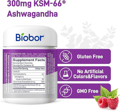 Biobor (2 Packs) Ashwagandha Gummies, KSM-66 Ashwagandha Root Extract with Vitamin D3, Relaxation Support & Immune Support for Adults - GMO Free, Gluten Free, 120 Count
