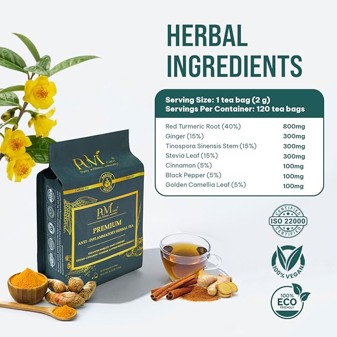 Anti Inflammatory Tea – Black Pepper Turmeric Ginger Cinnamon Tea Bags for Joint Support, Digestion & Immune Wellness, 100% Organic & No Sugar, No Caffeine Natural Anti Inflammatory Herbal Tea 120 Bags