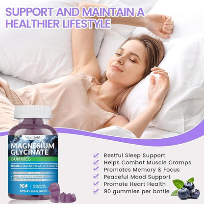 Magnesium Glycinate Gummies 1000mg, High Absorption Sugar Free Magnesium Potassium Supplement for Relaxation, Stress Relief, and Sleep Support for Adults & Kids - 180 Blueberry Gummies
