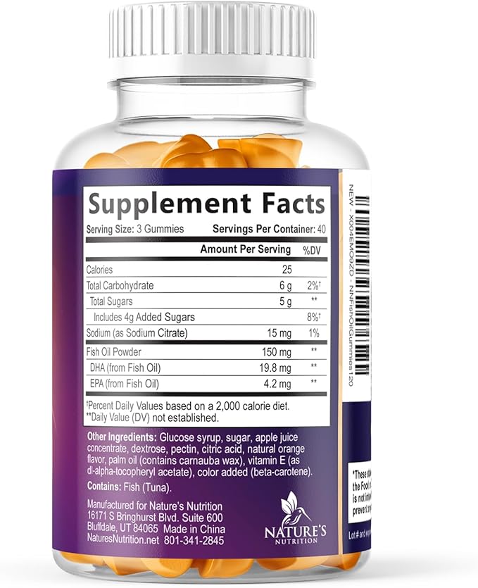 Omega 3 Fish Oil Gummies - 3X Strength Heart Health Support - High Absorption Omega 3 Fish Oil Gummy Supplement with DHA & EPA - Joint & Brain Support for Adults - Tasty Orange Flavor - 120 Gummies