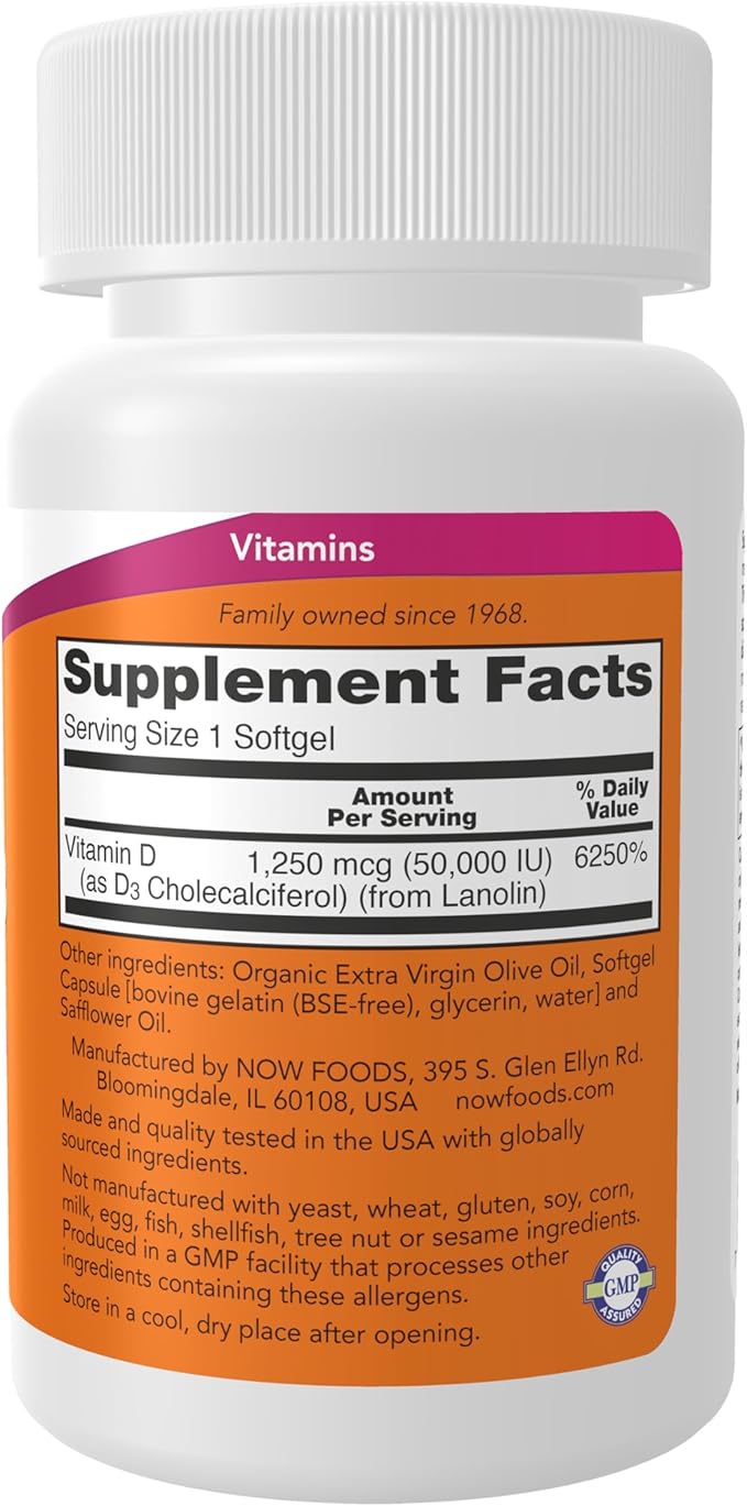 NOW Foods Supplements, Vitamin D-3 50,000 IU Softgels, 50 softgels