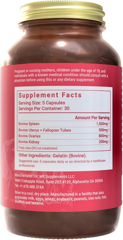 MK Supplements Female Vitality | Grass-Fed Beef Organs for Women | Spleen, Uterus, Ovaries, Fallopian Tubes & Kidney | No Phytoestrogens | 150 Capsules