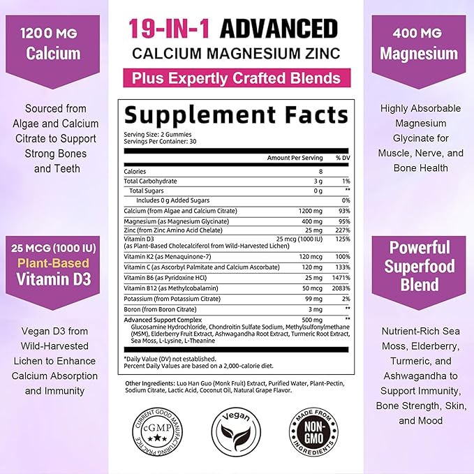 2 PCS Totaria Sugar Free Calcium Citrate Magnesium Zinc Gummies for Women Men, with D3, Boron, B12, Ashwagandha, 19-in-1 Ultimate Absorption Calcium 1200 mg Supplements for Bone, Muscle, Calm, Vegan
