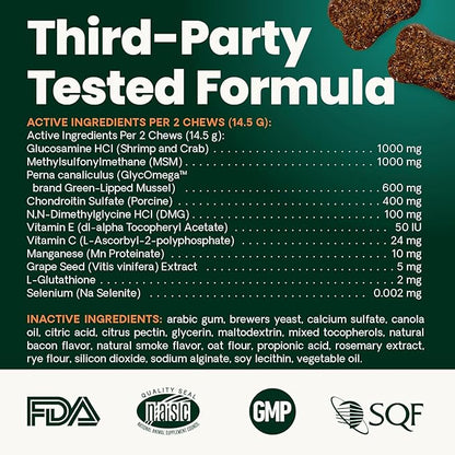 VetriScience Ultimate Strength Hip & Joint Supplement for Dogs, GlycoFlex Plus – MSM, Chondroitin & Green-Lipped Mussel Chews for Mobility, Flexibility, Comfort & Support, Bacon Flavor, 60 Cnt