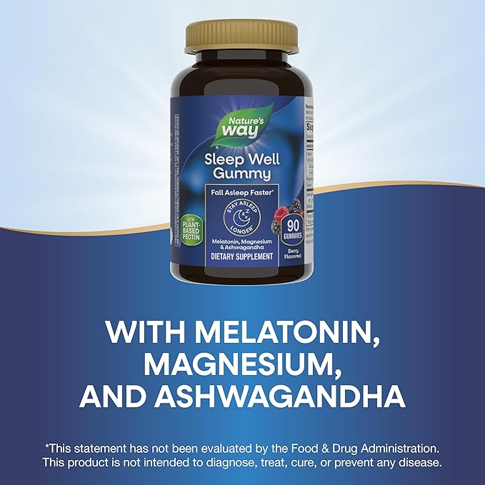 Nature’s Way Sleep Well Melatonin and Magnesium Gummies, Sleep Support for Adults*, with Ashwagandha, Berry Flavored, 90 Gummies
