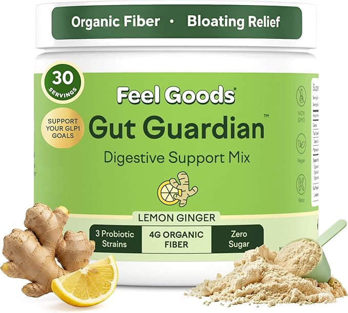 Feel Goods Gut Guardian, Gut Health Powder Drink Mix - Probiotic Fiber Powder with Prebiotics & L Glutamine for Digestive Health, Bloating Relief & Digestion Support - Zero Sugar & Organic Flavor