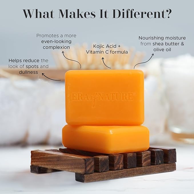 era of nature Turmeric Kojic Acid Soap for Dark Spots – Gentle Brightening Bar for Face, Underarms, Inner Thighs & Bikini Area – Vitamin C + Shea Butter – Moisturizing Soap, 2 x 100g