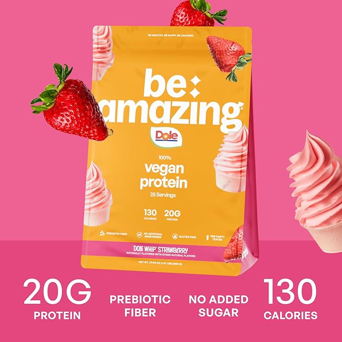 Be Amazing Vegan Protein Powder | 20g Plant-Based Protein with Prebiotics Fibers | Sugar-and-Gluten-Free Shake Mix, Low Carb, Non-Dairy Smoothie | Dole Whip Strawberry, 25 Servings