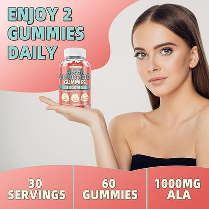 Alpha Lipoic Acid Gummies 1000 MG, High Potency Chewable ALA Supplement with Glutathione, CoQ10, Vitamin B Complex for Antioxidant, Cognitive, Nerve* Support, Sugar-Free, Raspberry Flavor, 60 Counts