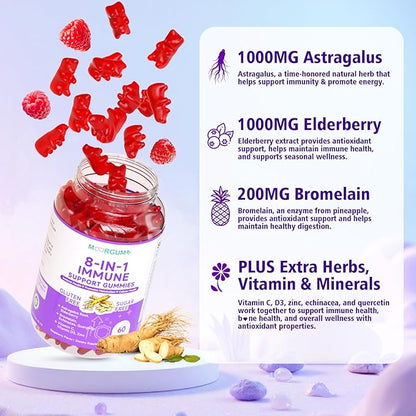 Immune Support Gummies – 8-in-1 Formula Herbal Supplements with Astragalus, Elderberry, Quercetin, Bromelain, Echinacea, Vitamin C, D3 and Zinc for Everyday Balance, Raspberry Flavor, 120 Count