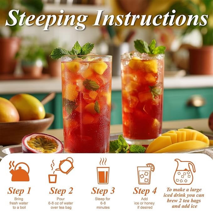 WT WEETEE Mango Passionfruit Herbal Tea, 50 Count Tropical Fruit Flavored Tea Bags, Caffeine Free Herbal Hibiscus Rosehips Cinnamon Orange Peel