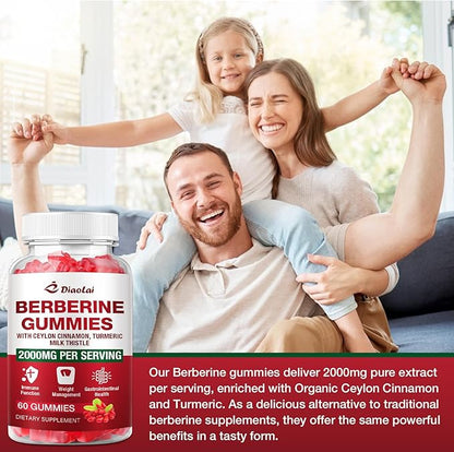 Berberine Gummies 2000mg - Natural Organic Berberine HCL Supplement - Vegan, Non-GMO, Gluten-Free - Delicious Raspberry Flavor - 60 Count
