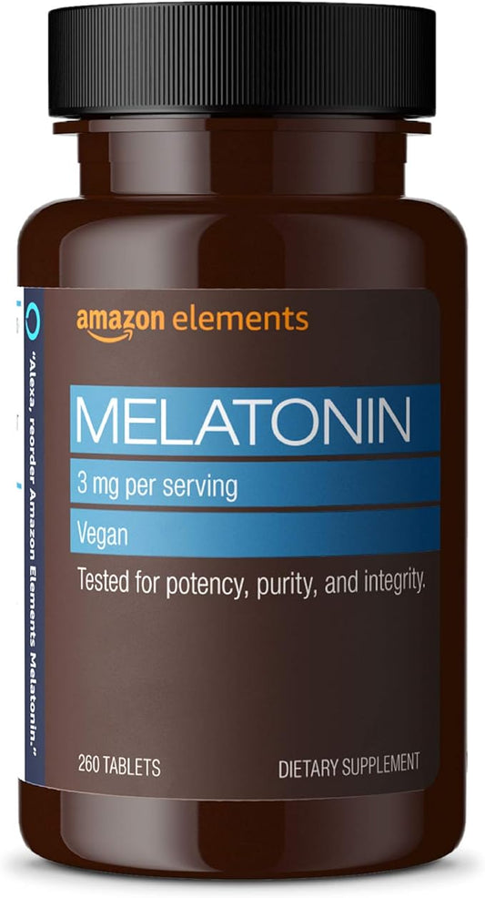 Amazon Elements Melatonin, 3mg, Vegan, Unflavored, 260 Tablets, 8 Month Supply (Packaging may vary)