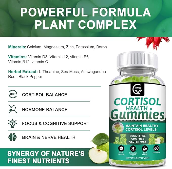 Sugar-free Cortisol Gummies, 9-in-1 Cortisol Supplement for Women with Magnesium, Ashwagandha, Rhodiola, Phosphatidylserine, L-Theanine, Black Pepper, Vitamin C & B6 - Relaxation, Focus, Sleep Support