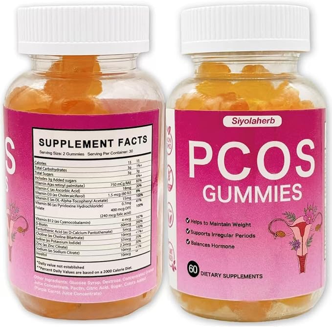 PCOS Vitamins Gummies for Women Hormone Balance & PCOS Relief & Fertility Support, 60 Ovarian Support Vitamins with Inositol for Healthy Menstrual Cycle, Inositol Gummies for Hirsutism and Acne
