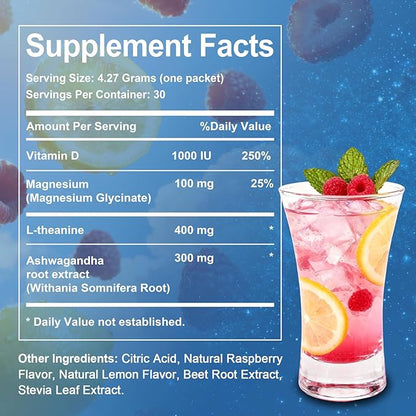 Cortisol Drink Mix, Cortisol Supplements for Women Men with Magnesium Glycinate, Ashwagandha, L-Theanine, Vitamin D 3 for Sleep & Relaxation, On The Go, 30 Ct (Raspberry Lemonade Flavor)