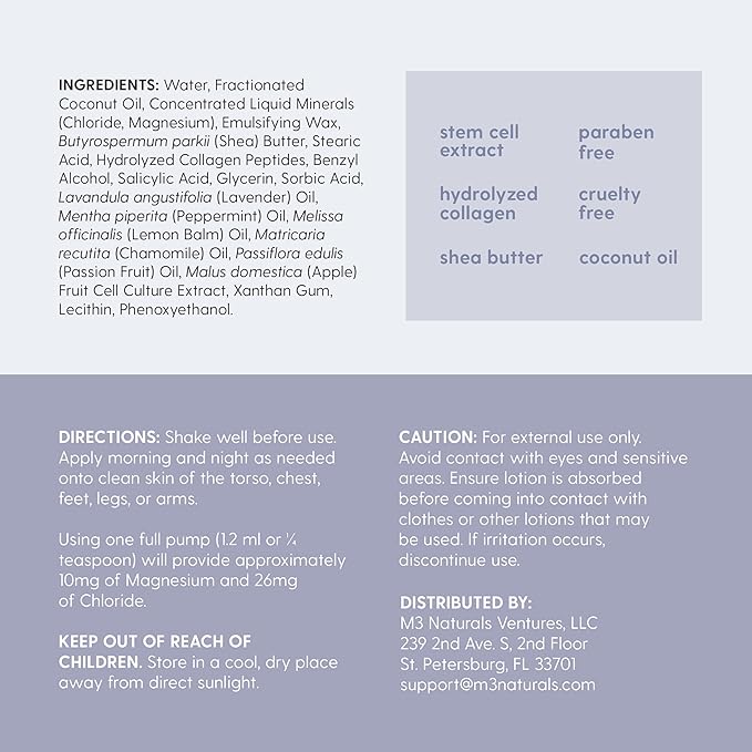 Lavender & Chamomile Magnesium Lotion for Sleep, Relaxing Nightime Cream for Leg Cramps, Sore Feet and Joints | With Moisturizing Shea Butter, Coconut Oil, Collagen, Stem Cells, 8 fl oz by M3