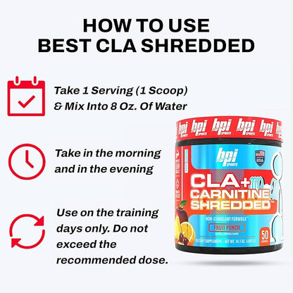 BPI Sports CLA + Carnitine Shredded - Convert Fat Cells Into Energy and Supports Lean Muscle, Boost Metabolism - Non-Stimulant L-Carnitine Supplement - Fruit Punch (14.1 oz. / 50 Servings)