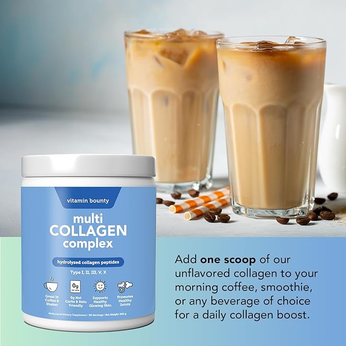 Vitamin Bounty Multi Collagen Complex - Hydrolyzed Collagen Peptides Types I, II, III, V & X - Supports Skin Elasticity, Joint Health, Hair & Nail Growth - 50 Servings