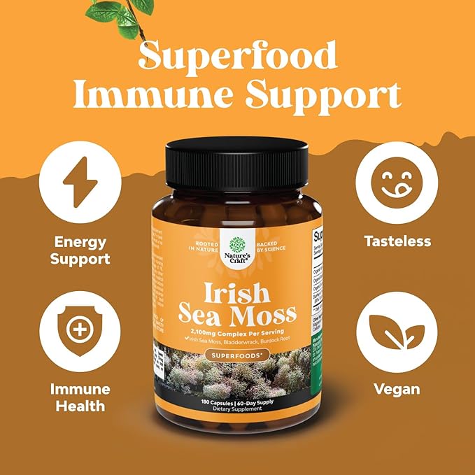 Natures Craft Irish Sea Moss Capsules - Sea Moss Pills with 2100mg Serving Superfood Complex with Bladderwrack Burdock Root and BioPerine for Immune Skin & Thyroid Support - Vegan Non-GMO - 180 Count