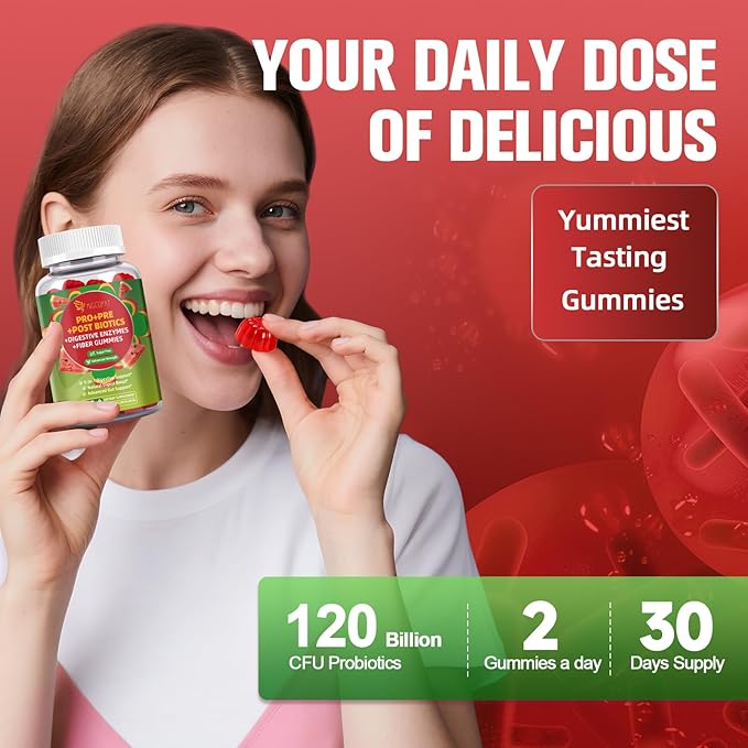 Migcopat Pre Post Probiotics Gummies, Probiotic Prebiotic Postbiotic Digestive Enzymes with Fiber, 120 Billion CFU Probiotics - Digestive Health, Sugar Free, Vegan, Watermelon, 60 Gummies