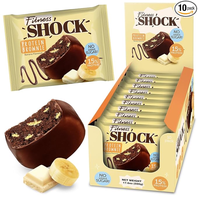 Fitness SHOCK Banana Protein Brownie - No Added Sugar, 7.5g Protein, Low Carb Guilt-Free Dessert - 0g Added Sugar, 10g Net Carbs, 5g Fiber, Non-GMO, Almond Flour - 10 x 50g