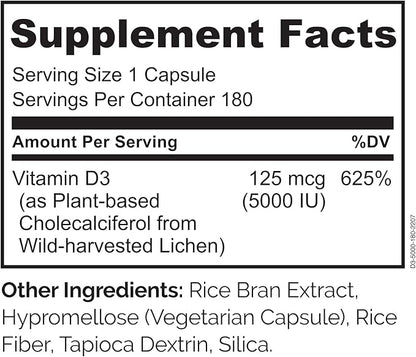 NATURELO Vitamin D - 5000 IU - Plant Based from Lichen - Natural D3 Supplement for Immune System, Bone Support, Joint Health - High Potency - Vegan - Non-GMO - Gluten Free - 180 Capsules (Pack of 2)