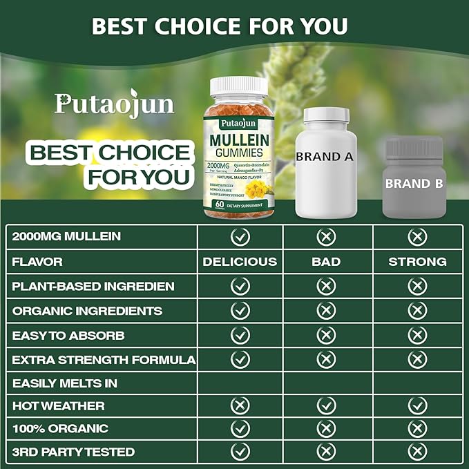 2 Packs Organic Mullein Gummies for Lungs, 2000MG Mullein Leaf Extract Supplement | Quercetin, Bromelain for Respiratory & Immune Support | Vegan, Sugr-Free, Mango Flavor | 120 Count