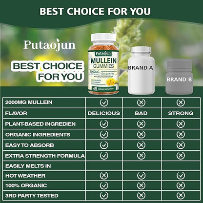 2 Packs Organic Mullein Gummies for Lungs, 2000MG Mullein Leaf Extract Supplement | Quercetin, Bromelain for Respiratory & Immune Support | Vegan, Sugr-Free, Mango Flavor | 120 Count