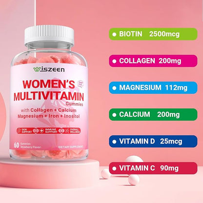 Sugar Free Methylated Multivitamin for Women Gummies, Biotin, Collagen, Calcium, Magnesium, Inositol, Folate, Iron, Vitamin A, C, D, E - Womens Vitamins for Energy, Immune, Bone, Skin, Hair