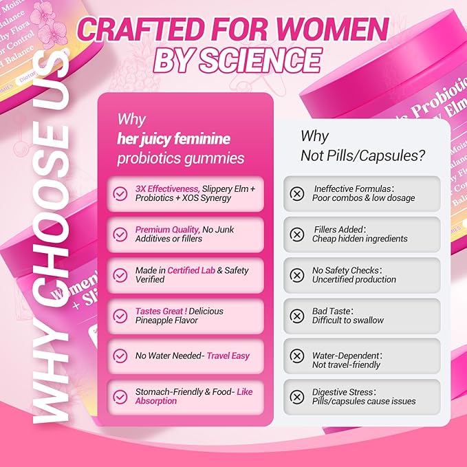Her Juicy Feminine Probiotics Gummies, Premium Feminine Balance Gummies with Slippery Elm for Women's pH Balance, Healthy Odor, Flora and Immune Support 30-Day Supply
