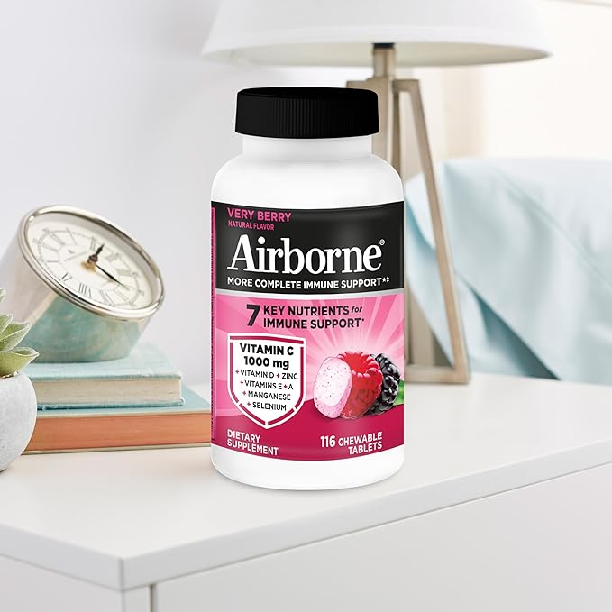 Airborne Vitamin C 1000mg (per Serving) - Very Berry Chewable Tablets (116 Count in a Bottle), Gluten-Free Immune Support Supplement, with Vitamins A C E, Zinc, Selenium, Ginger, Antioxidants