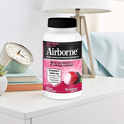 Airborne Vitamin C 1000mg (per Serving) - Very Berry Chewable Tablets (116 Count in a Bottle), Gluten-Free Immune Support Supplement, with Vitamins A C E, Zinc, Selenium, Ginger, Antioxidants