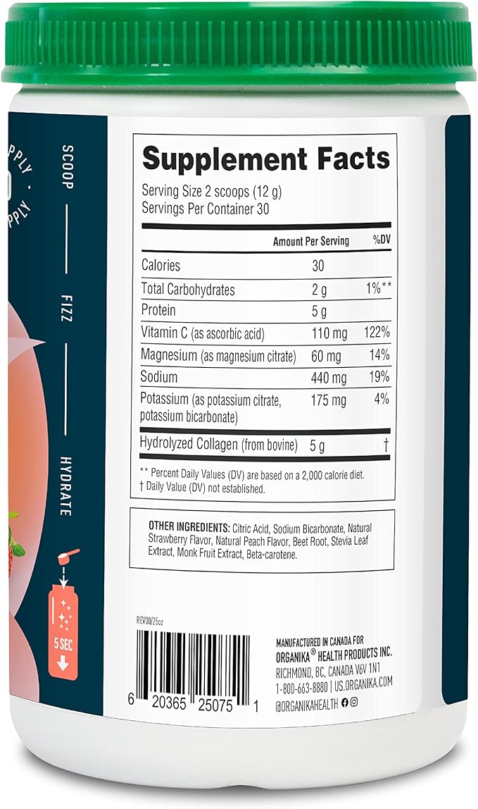 Organikа Electrolytes with Enhanced Collagen Powder for Women & Men - 13 oz - Strawberry Peach-Flavored Effervescent Electrolyte & Collagen Drink Mix - Deep Hydration, Mobility, Skin, Hair, & Nails