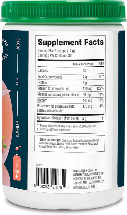 Organikа Electrolytes with Enhanced Collagen Powder for Women & Men - 13 oz - Strawberry Peach-Flavored Effervescent Electrolyte & Collagen Drink Mix - Deep Hydration, Mobility, Skin, Hair, & Nails