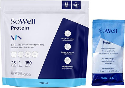 SoWell GLP-1 Protein Vanilla Powder with Whey Collagen and Digestive Enzymes for Muscle Mass, Skin, Hair, Nails and Digestion Support, 14 Stick Packs