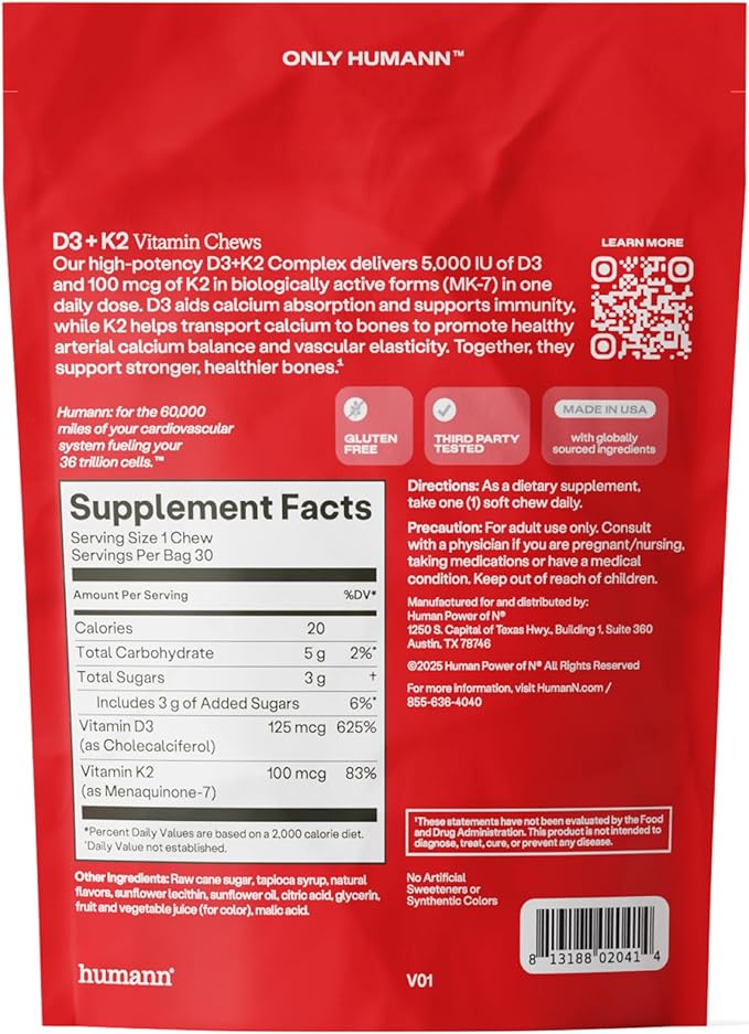Humann Vitamin D3 + K2 Chews - High Potency Vitamin D 5000iu (125mcg) Helps Support Healthy Mood, Immunity, Cardiovascular, Respiratory Health & Bone Health, Mixed Berry Flavor, 30 Count (Pack of 2)