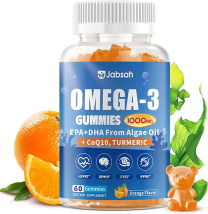 Vegan Omega-3 Gummies 1000mg from Algae Oil (DHA 460mg & EPA 230mg), Omega 3 Fish Oil Alternative for Adults, Plus Turmeric & CoQ10 for Brain, Eye & Immune Health, No Fishy Taste, Sugar Free, 60 Cts
