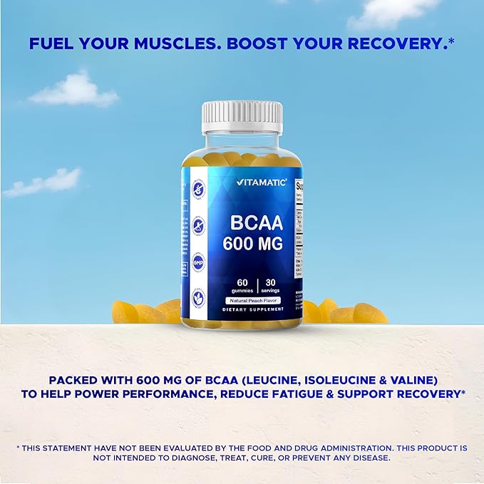 Vitamatic BCAA Gummies - Branch Chain Amino Acid Supplements - Peach Flavor - 600mg per Serving - 60 Vegan Pectin Based Gummies (2 Bottles)