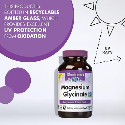 Bluebonnet Magnesium Glycinate, Energy Production*, Enzyme Function*, Non-GMO Certified by NSF, Vegan, Kosher Certified, Gluten-Free, Soy-Free, Dairy-Free, 60 Vegetable Capsules, 15 Servings